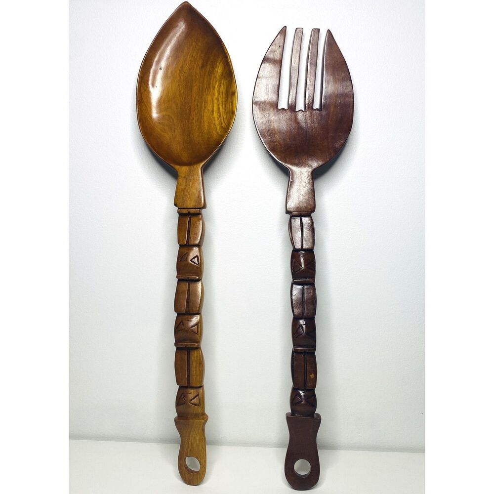 Vintage Carved Large Spoon Fork Wall Decor Mahogany Tiki Totem MCM Haiti 27"